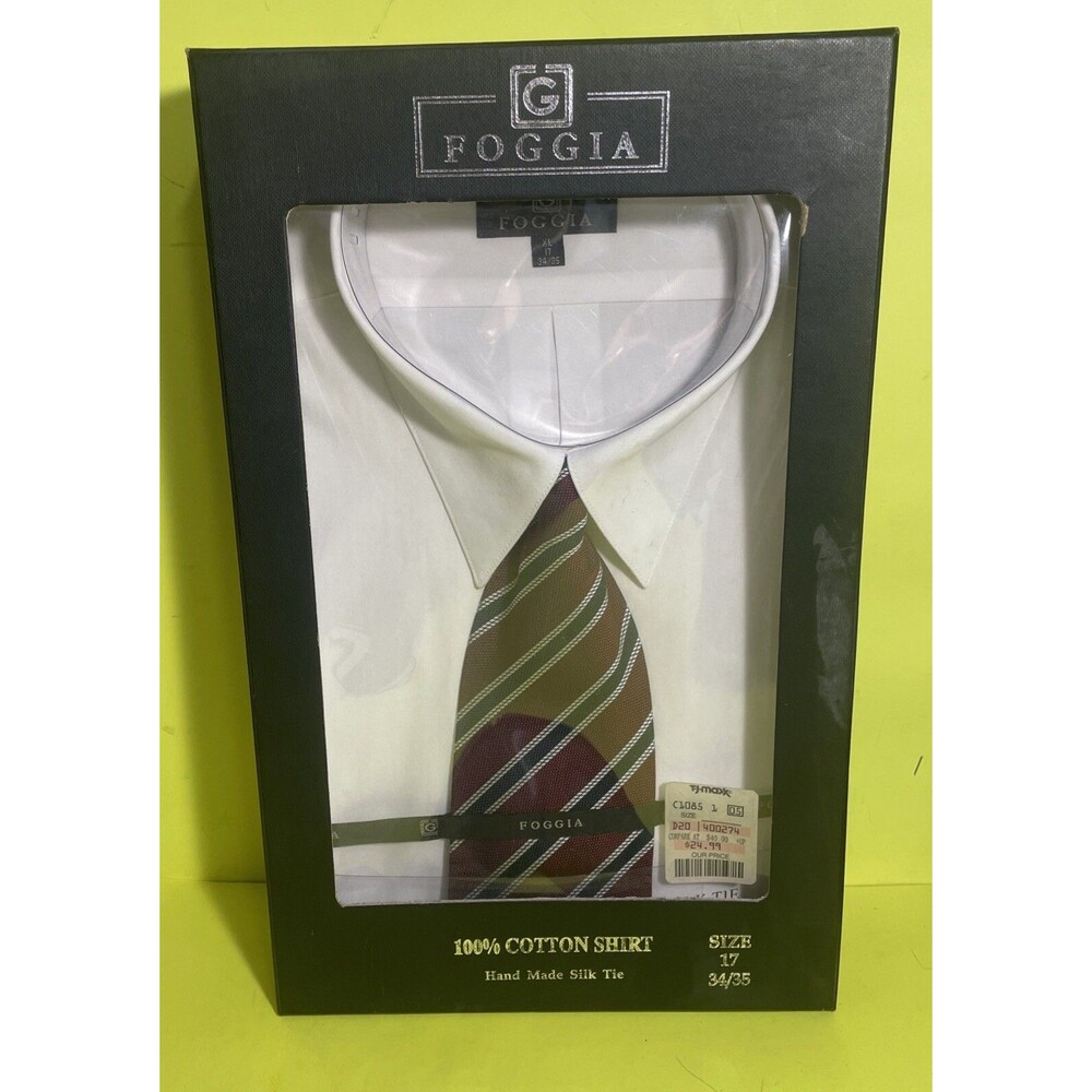 FOGGIA men's dress shirt, gray with silk tie, 17 34/35 NEW